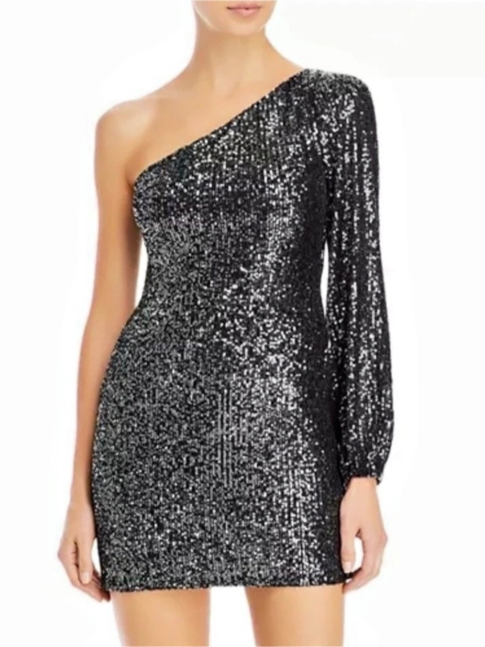 Altar’d State One-Shoulder Sequin Mini Dress in Black & Silver XS